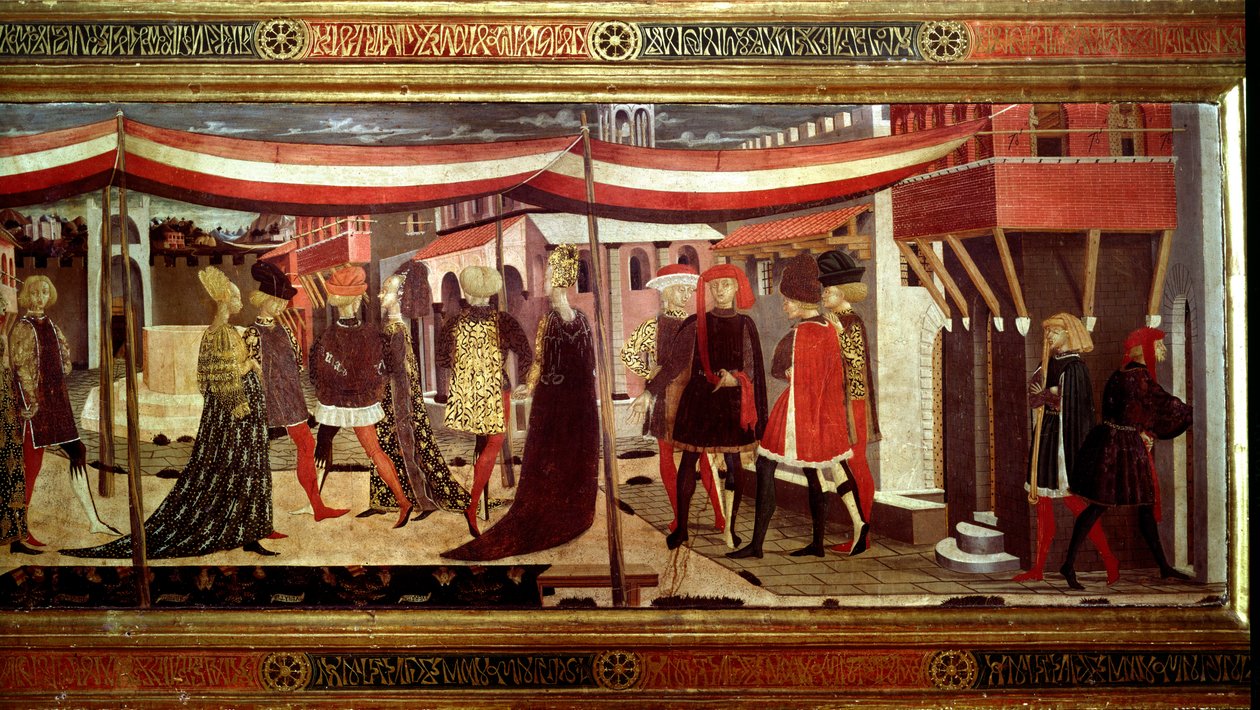 Renesansowa Ceremonia Ślubna Fragment lewej części panelu zdobiącego Cassone Adimari. Scena ślubu na Piazza del Duomo (Plaza de la Cathedrale Santa Maria del Fiore). Pary w orszaku idą pod baldachimem. Obraz Giovanniego di Ser G autorstwa Giovanni di Ser Giovanni Scheggia