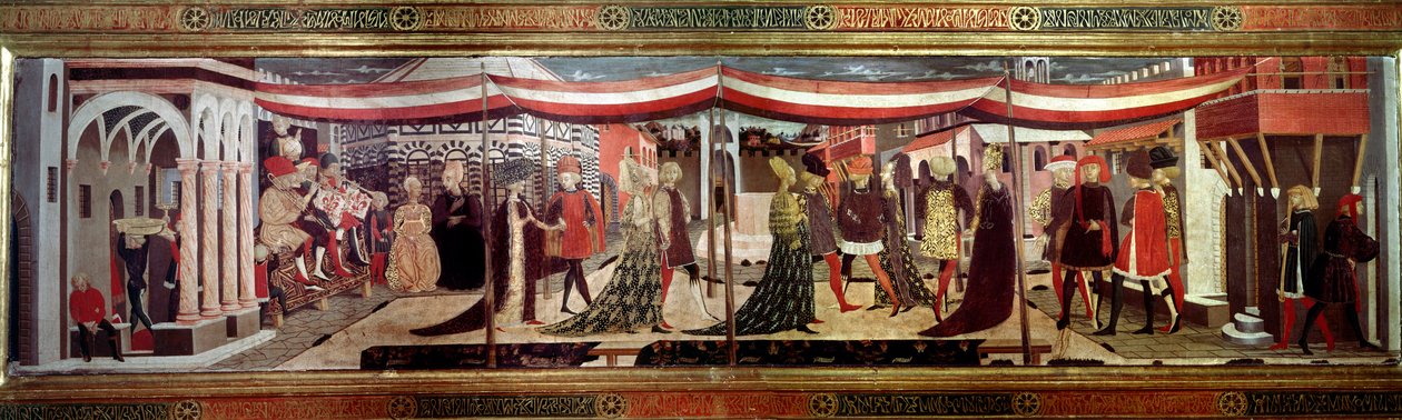 Ceremonia ślubna ma renesansowy panel zdobiący Cassone Adimari. Scena ślubu na Placu Katedralnym (Plaza de la Cathedrale Santa Maria del Fiore). Pary w orszaku idą pod baldachimem. Obraz Giovanniego autorstwa Ser Giovanniego Scheggia (1406- autorstwa Giovanni di Ser Giovanni Scheggia