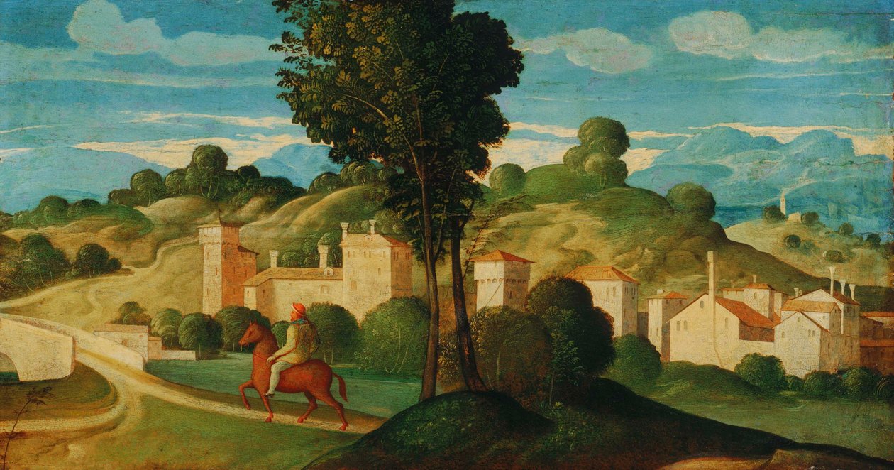 Krajobraz z jeźdźcem autorstwa Girolamo Da Santa Croce