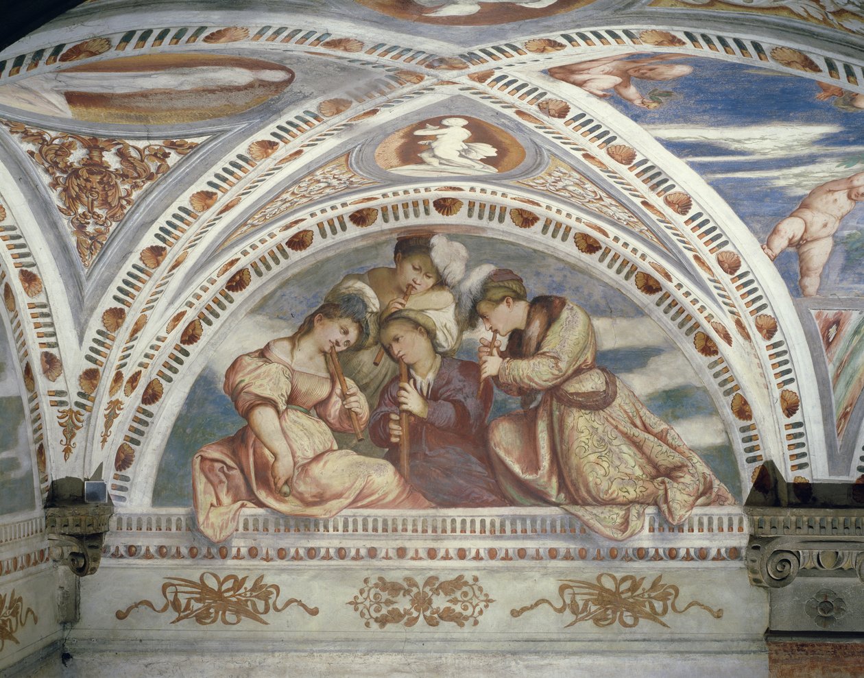 Ramka przedstawiająca kwartet koncertowy fletistów, 1532 autorstwa Girolamo Romanino