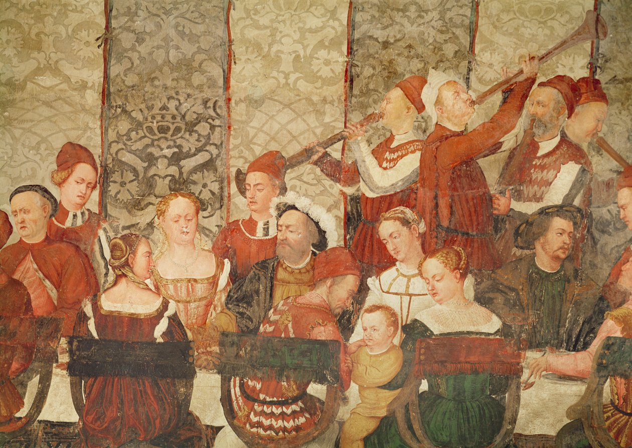 Goście na bankiecie wydanym przez Bartolomeo Colleoni dla króla Danii Chrystiana I na zamku Malpaga w 1474, 1520-30 (szczegół) autorstwa Girolamo Romanino