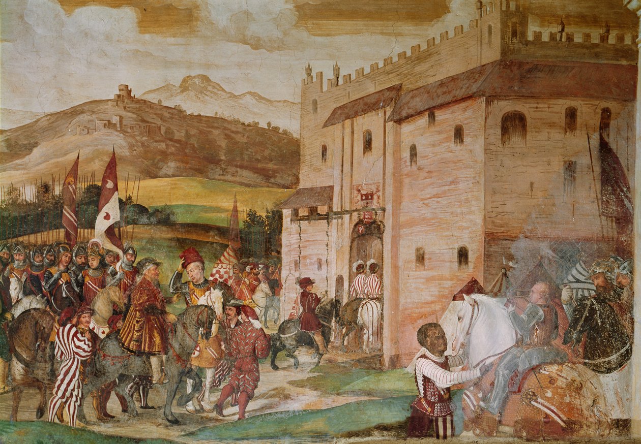 Przyjęcie króla Danii Chrystiana I przez kondotiera Bartolomeo Colleoniego na zamku Malpaga w latach 1474, 1520-30 autorstwa Girolamo Romanino