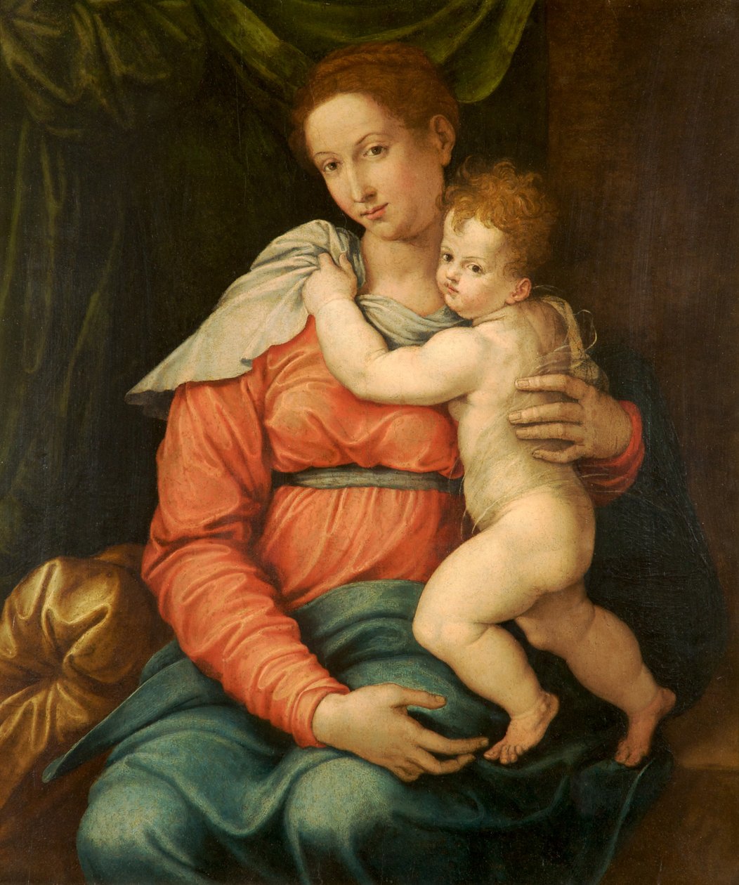 Dziewica i dziecko przed zieloną kurtyną autorstwa Girolamo Siciolante da Sermoneta