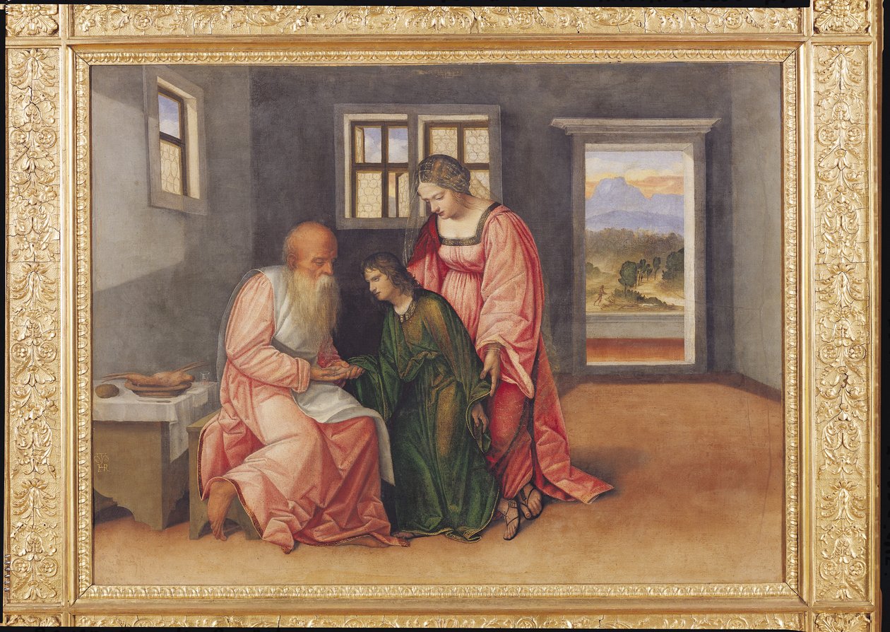 Izaak błogosławiący Jakuba, ok. 1520 (olej na płótnie, przeniesiony z płyty) autorstwa Girolamo da Treviso II