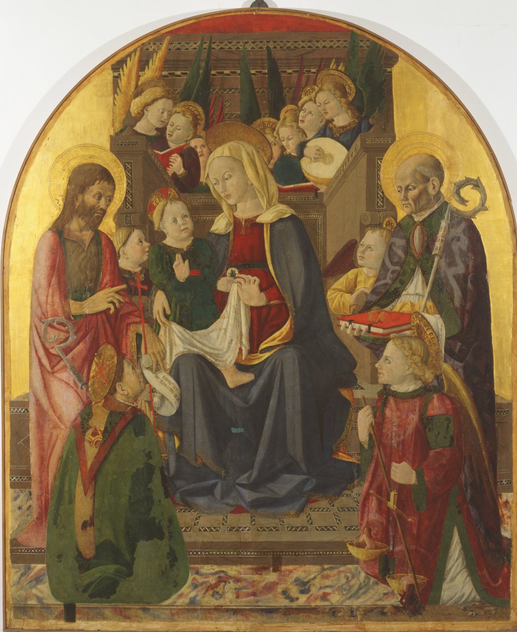 Madonna z Dzieciątkiem na tronie z aniołami i świętymi, ok. 1440 (tempera na desce ze złotem) autorstwa Girolamo di Giovanni di Camerino