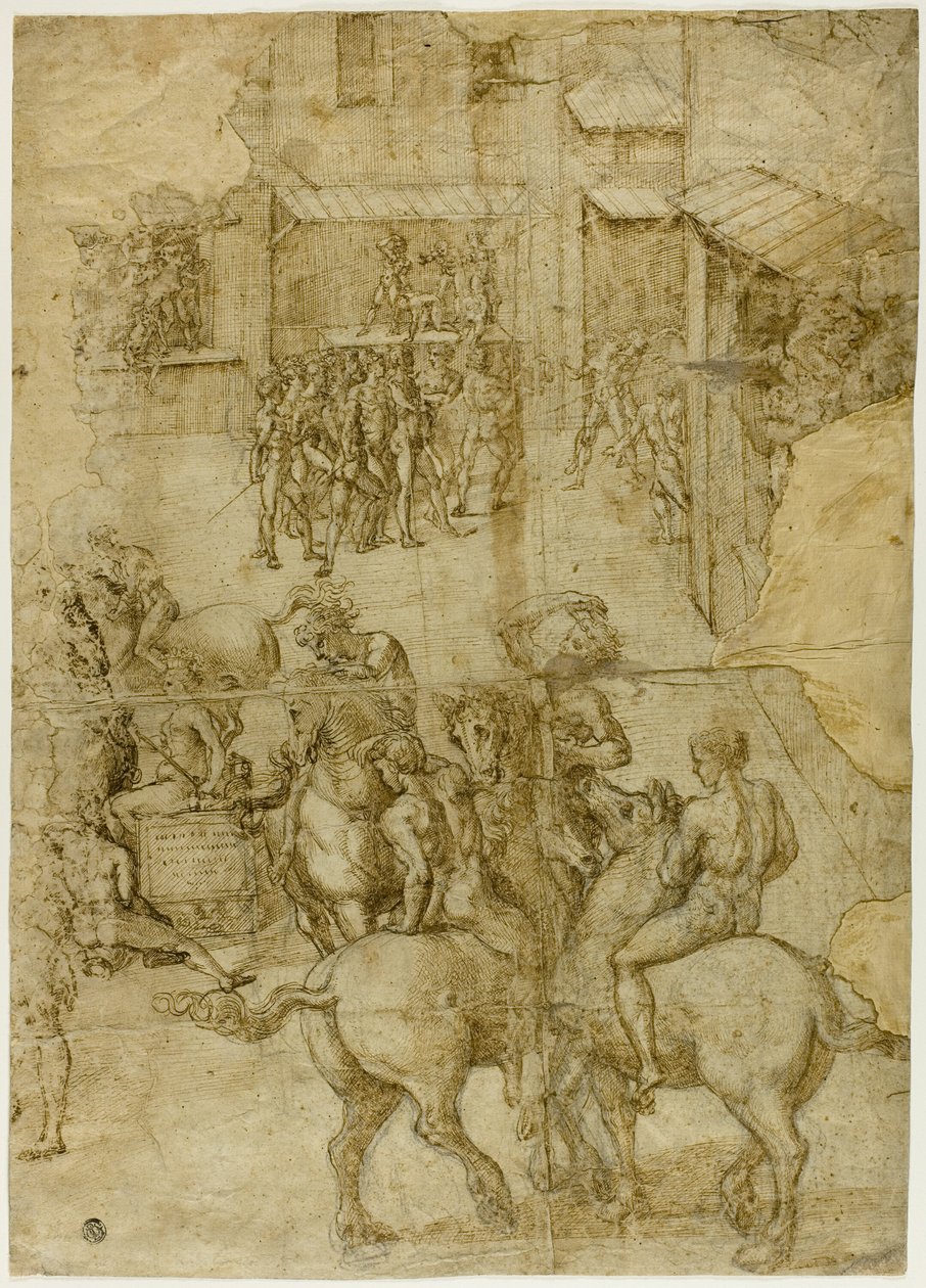 Korowód mitologiczny (recto); Nieczytelne napisy i badania anatomiczne głowy (verso) autorstwa Girolamo Genga
