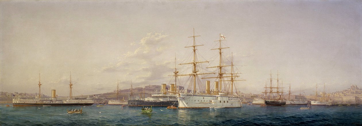 Okręt HMS "Alexandra" na Malcie otacza towarzyszące mu statki brytyjskiej floty. Olej na płótnie autorstwa Girolamo Gianni