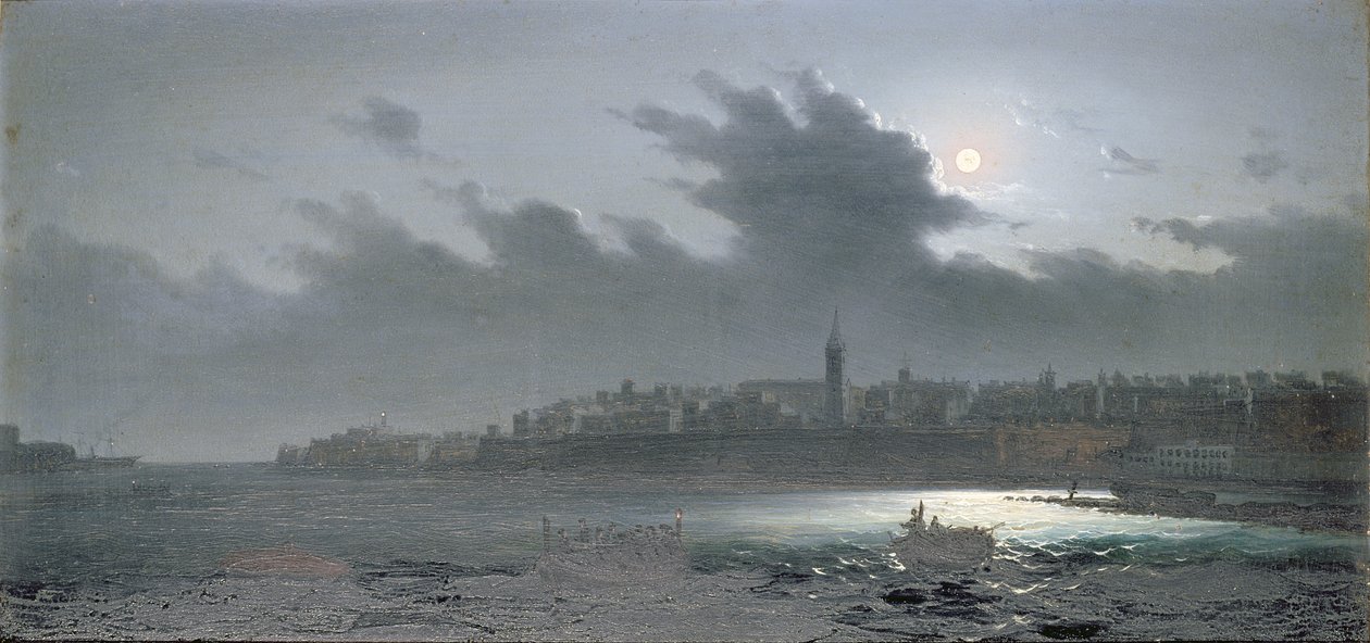 Widok Malty od strony portu nocą, 1876 r. autorstwa Girolamo Gianni