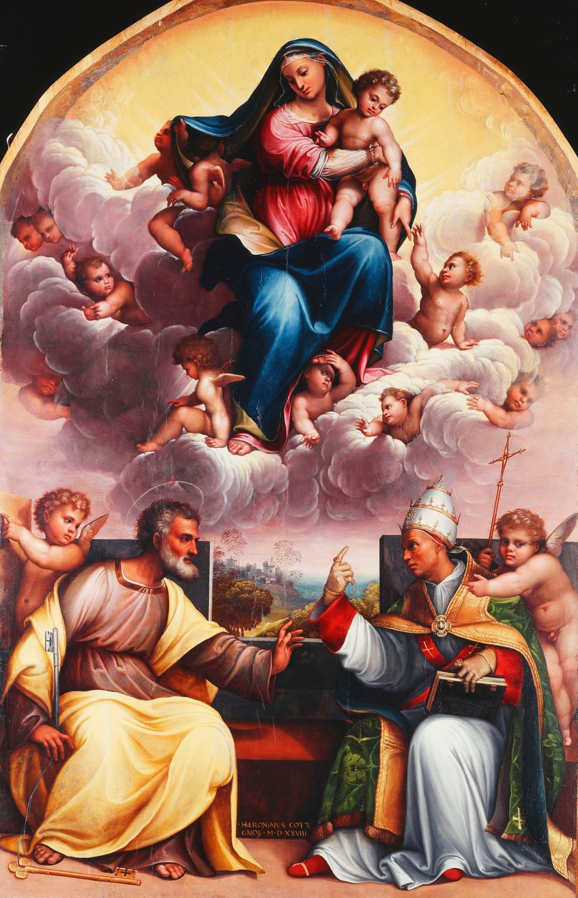 Madonna z Dzieciątkiem w chwale ze świętymi Piotrem i Grzegorzem Wielkim kłócą się i aniołami autorstwa Girolamo Marchesi da Cotignola