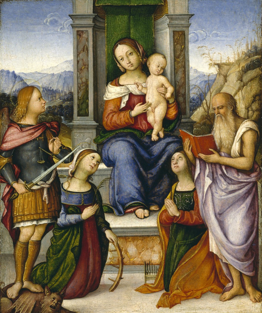 Dziewica z Dzieciątkiem na tronie ze świętymi Michałem, Katarzyną Aleksandryjską, Cecylią i Hieronimem, c.1512 autorstwa Girolamo Marchesi da Cotignola