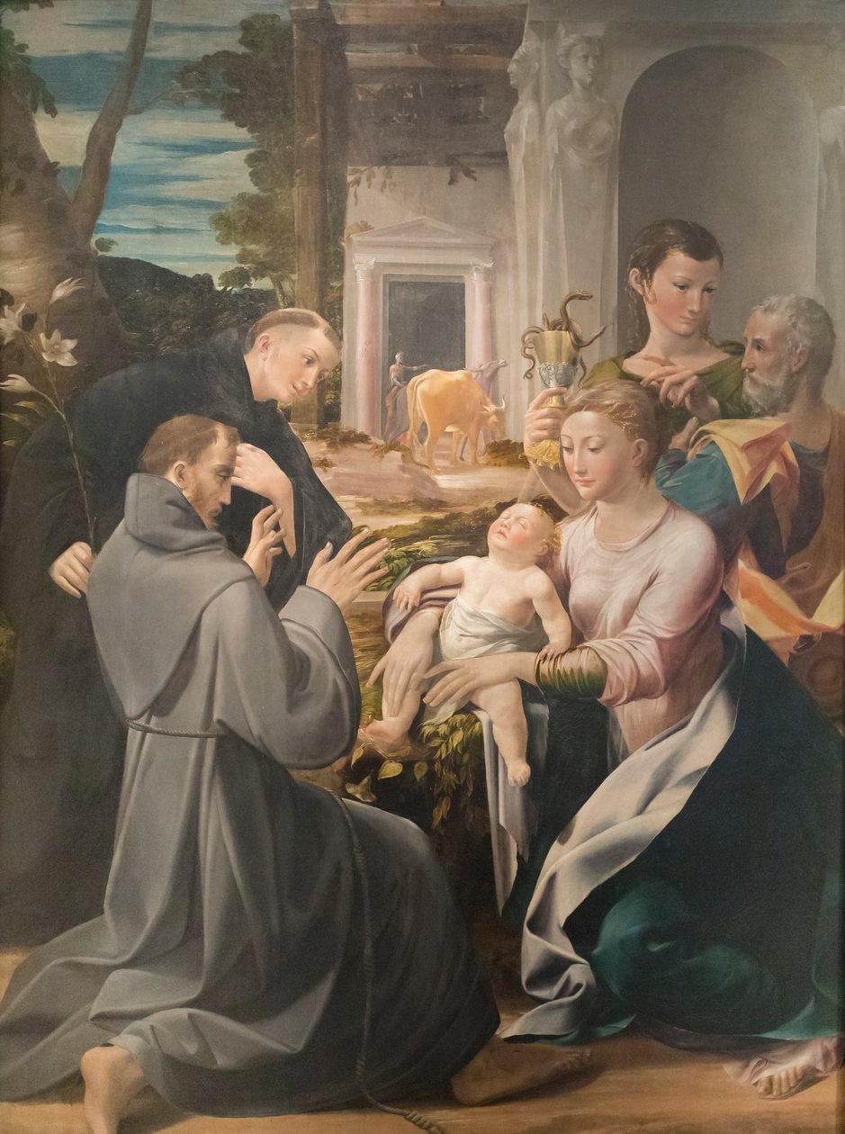 Święta Rodzina ze św. Antonim Padewskim, św. Franciszkiem z Asyżu i św. Janem Ewangelistą, Girolamo Mazzola Bedoli autorstwa Girolamo Mazzola Bedoli