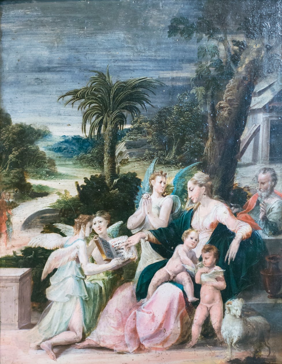 Święta rodzina z baptystą i aniołami autorstwa Girolamo Mazzola Bedoli