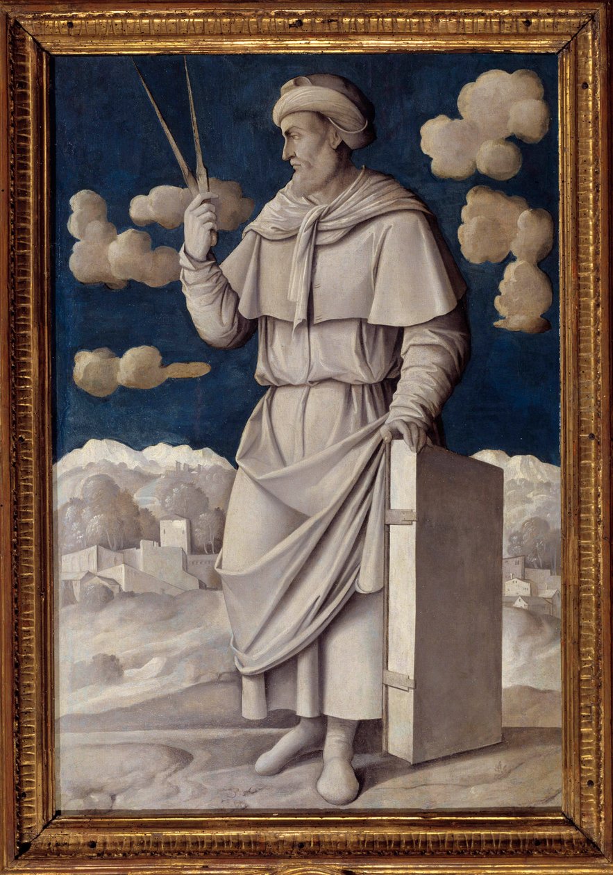 Portret u stóp Euklidesa (325-265 pne), grecki matematyk Obraz Girolamo Mocetto (1458-1531) 1531 Paryż. Musee Jacquemart Andre - Pełnowymiarowy portret Euklidesa (325-265 pne), angielskiego matematyka. Obraz Girolamo Mocetto (1458-1531) autorstwa Girolamo Mocetto