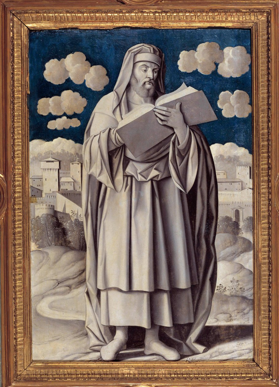 Portret u stóp greckiego filozofa Arystotelesa (384-322 pne) Obraz Girolamo Mocetto (1458-1531) 1531 Paryż. Musee Jacquemart Andre - pełnometrażowy portret greckiego filozofa Arystotelesa (384-322 pne). Obraz Girolamo Mocetto (1458-1531) 15 autorstwa Girolamo Mocetto