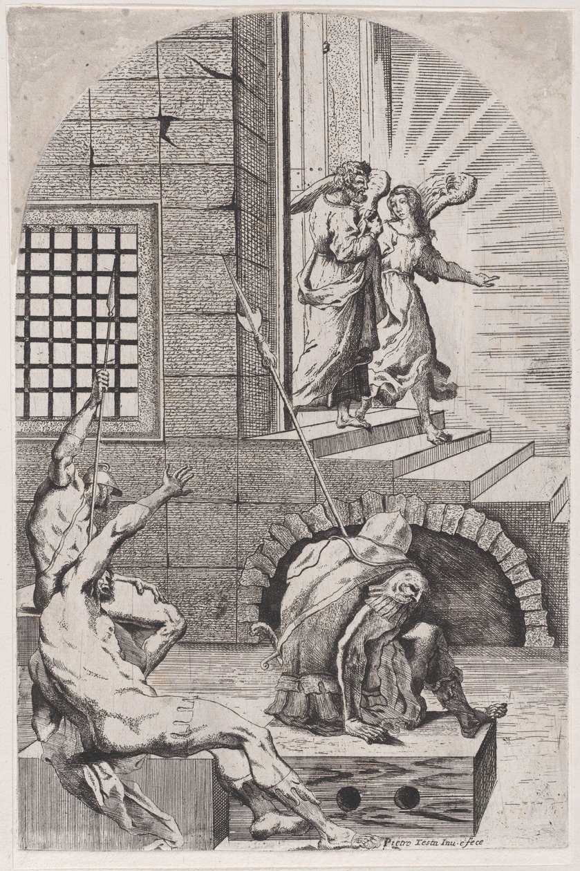 Święty Piotr uwolniony z więzienia przez anioła, 1650-70. autorstwa Girolamo Pedrignani