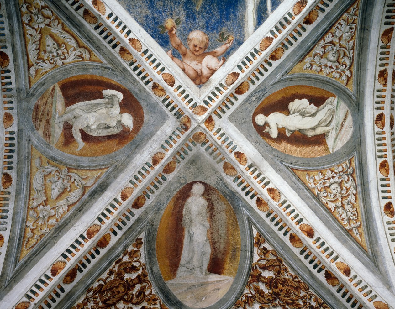 Mozaikowe nisze i posągi, Fragment fresków Girolamo Romanino (ok. 1484-po 1559), na zlecenie Bernardo Clesio autorstwa Girolamo Romanino
