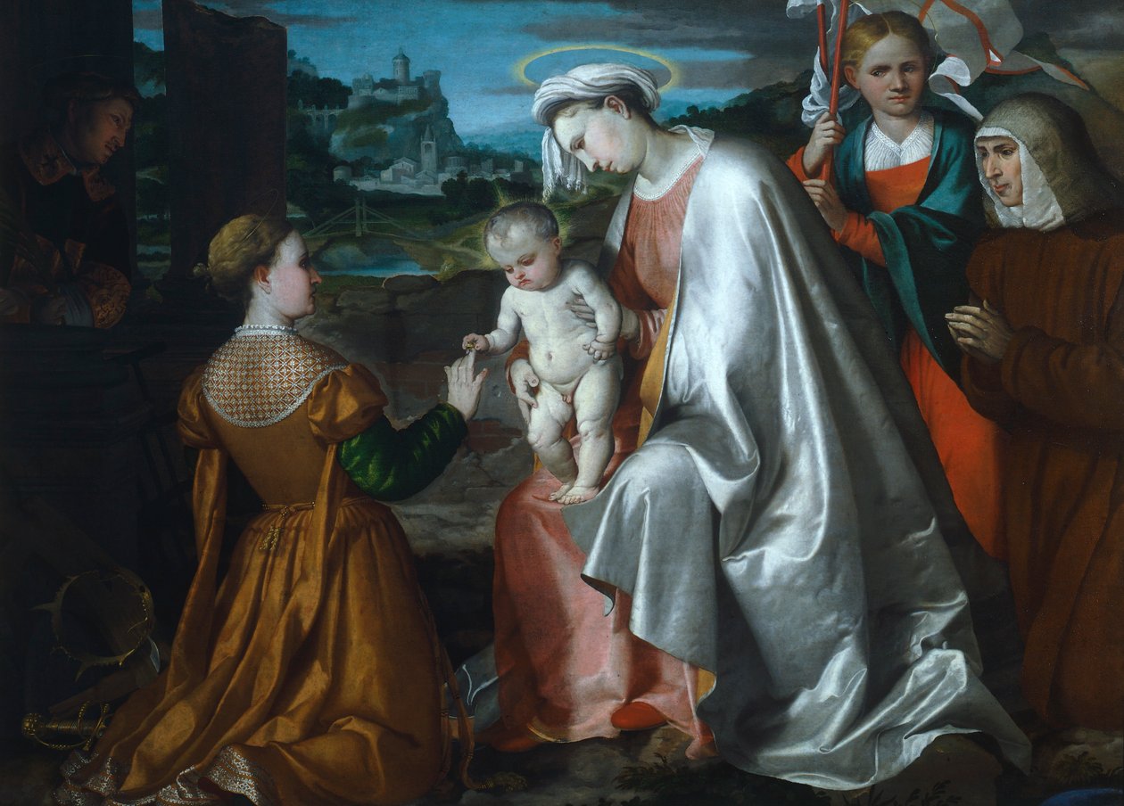 Mistyczne zaślubiny św Katarzyny w obecności świętych Urszuli, Wawrzyńca i Angeli Merici, autorstwa Girolamo Romanino (ok. 1484-po 1562) autorstwa Girolamo Romanino