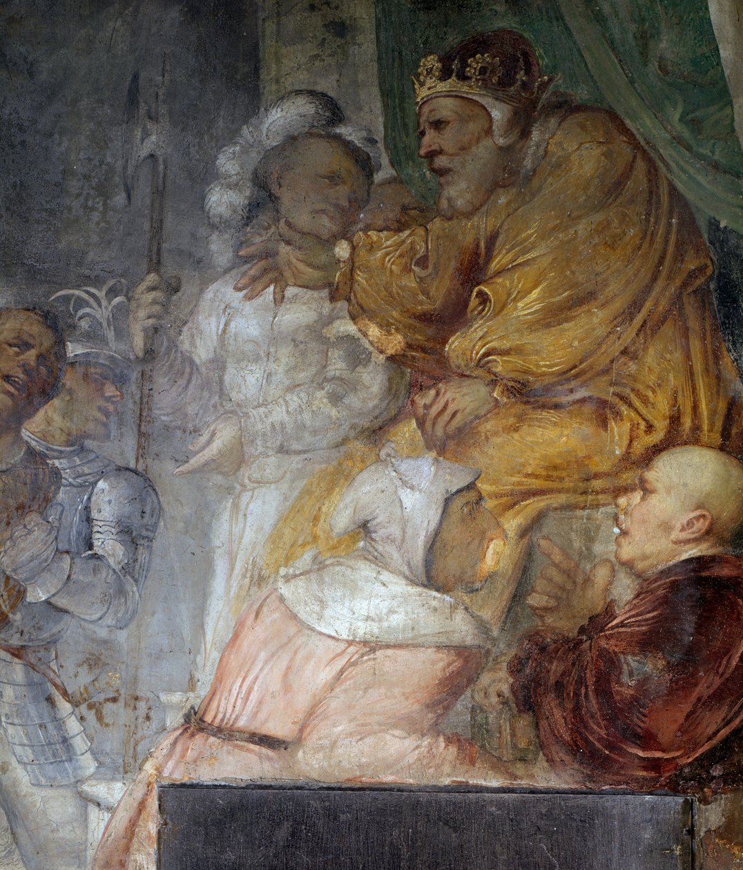 Nabuchodonozor, fragment z cudu trzech towarzyszy Daniela, fresk Girolamo Romanino (ok. 1484-po 1562), fragment prawej ściany kościoła św. Antoniego Opata, Breno. Włochy autorstwa Girolamo Romanino