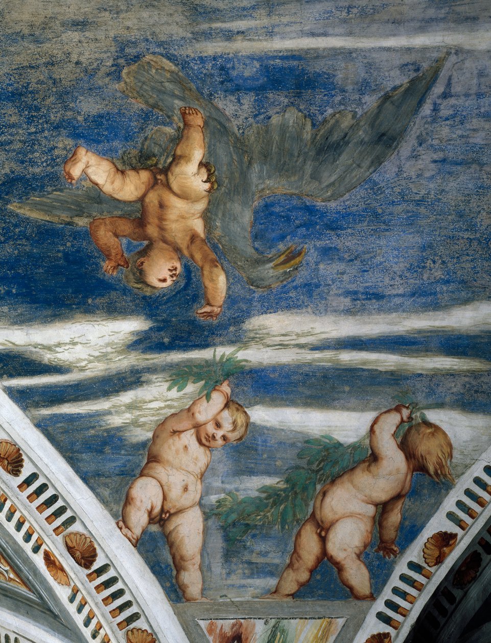 Gwałt Ganimedesa i puttów, mozaikowe nisze i posągi, Fragment fresków Girolamo Romanino (ok. 1484-po 1559), na zlecenie Bernardo Clesio autorstwa Girolamo Romanino