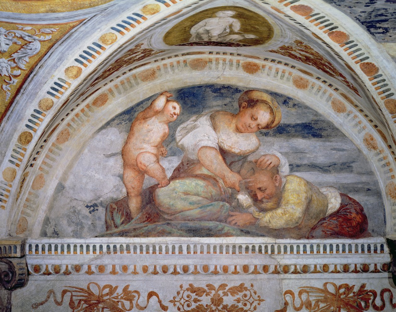 Samson i Dalila, luneta, 1531-32 autorstwa Girolamo Romanino