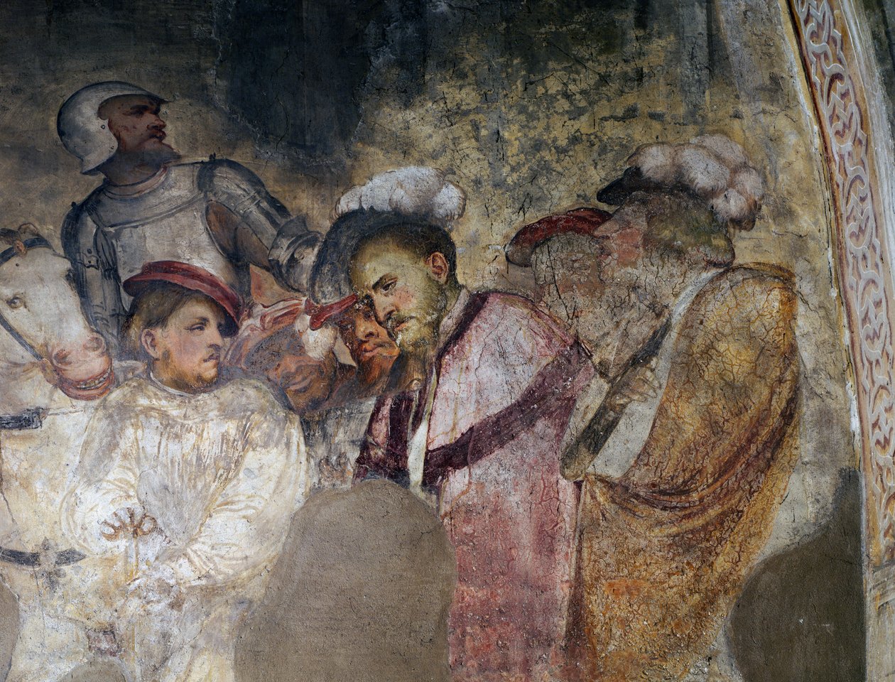 Żołnierz w zbroi i mężczyźni w kapeluszach, fragment fresku autorstwa Girolamo Romanino (ok. 1484-po 1562), lewa ściana prezbiterium kościoła św. Antoniego Opata, Breno. Włochy autorstwa Girolamo Romanino