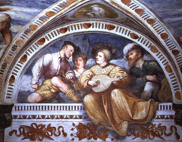 Koncert: instrumenty smyczkowe, luneta autorstwa Girolamo Romanino