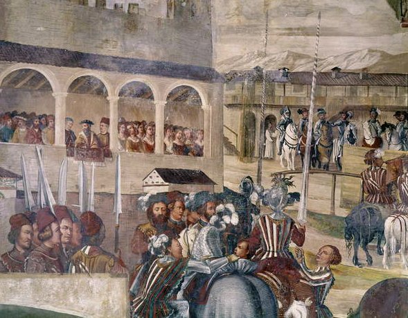 Turniej ku czci Chrystiana I z Danii w Castello di Malpaga, detal z lewej strony, 1520-30 autorstwa Girolamo Romanino