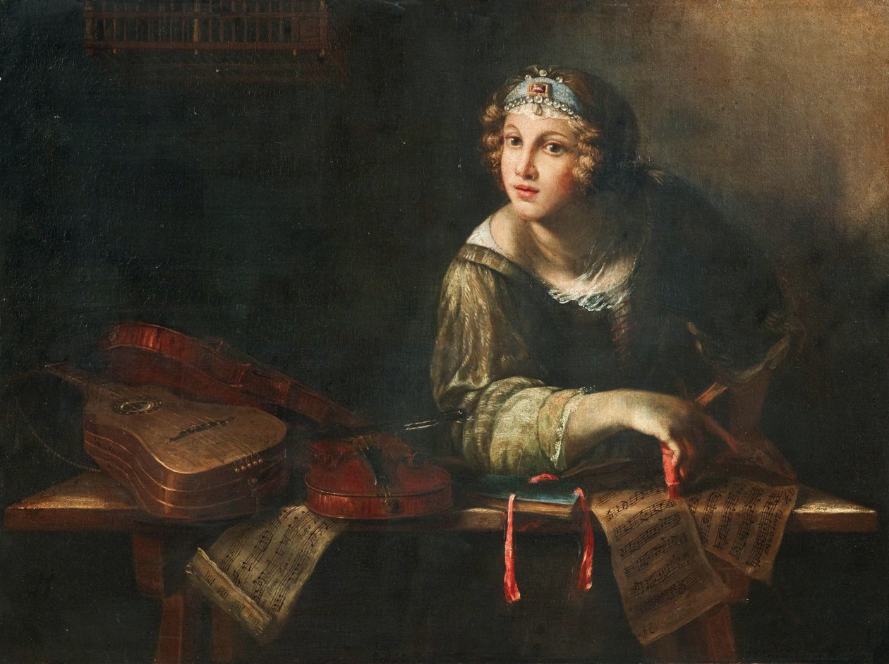 Alegoryczne przedstawienie z instrumentami muzycznymi i nutami, druga połowa XVII wieku. autorstwa Girolamo Scaglia