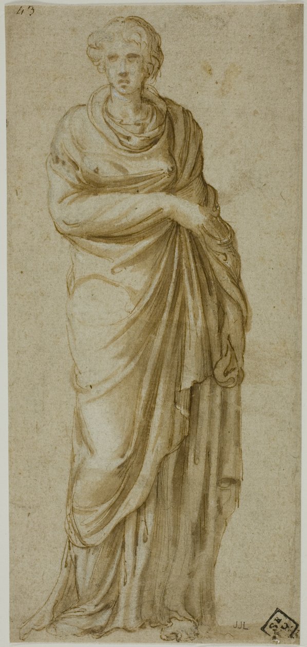 Stojąca drapowana kobieca figura autorstwa Girolamo da Carpi