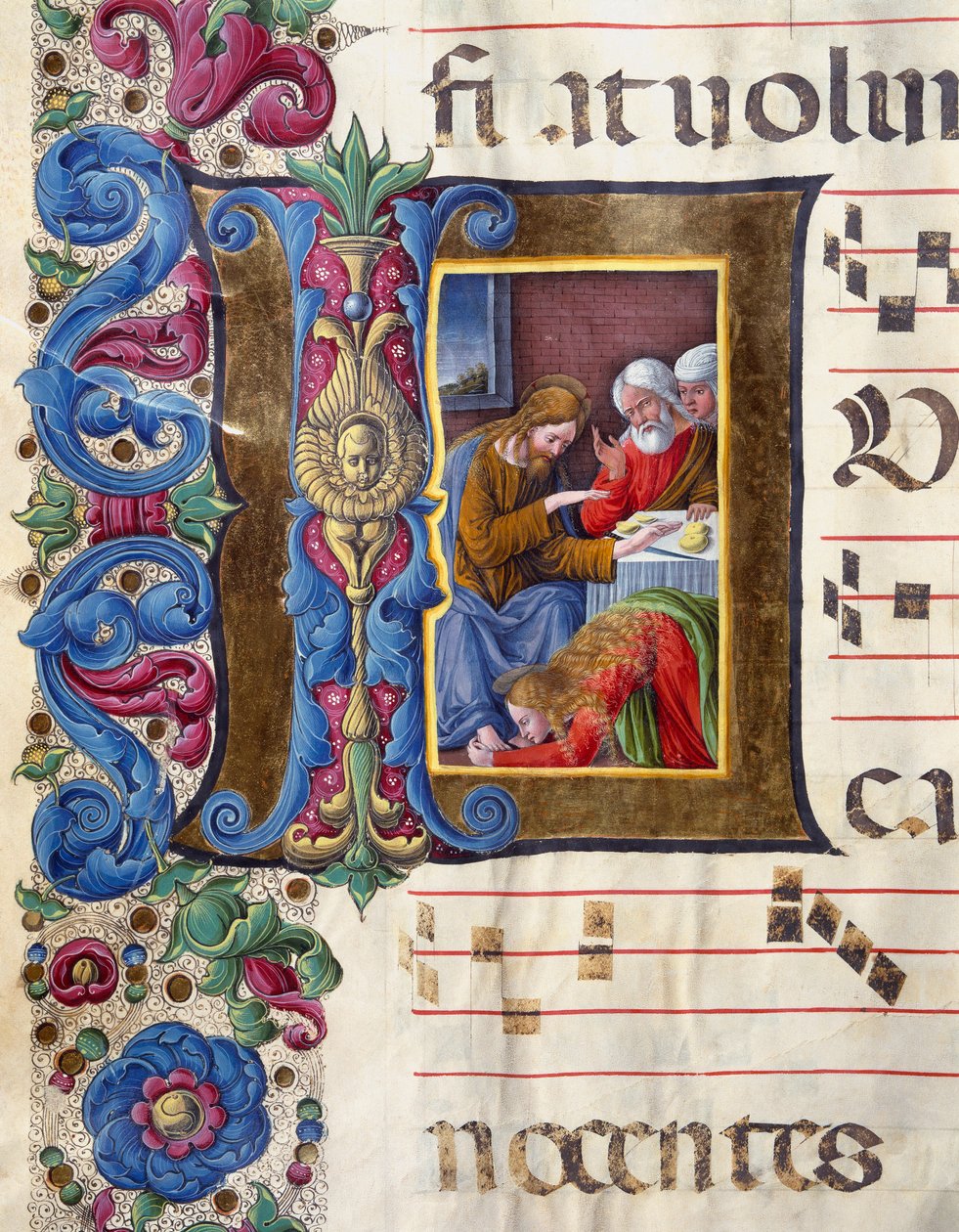 Dekoriański papier firmowy przedstawiający Marię Magdalenę u stóp Jezusa Miniatura autorstwa Girolamo da Cremona (działającego ok. 1451-1483) i Liberale da Verona (1445-1529) z chóru (Cod. 22/7. c.15v) z katedry w Sienie. XV-wieczna katedra (Duomo) w autorstwa Girolamo da Cremona