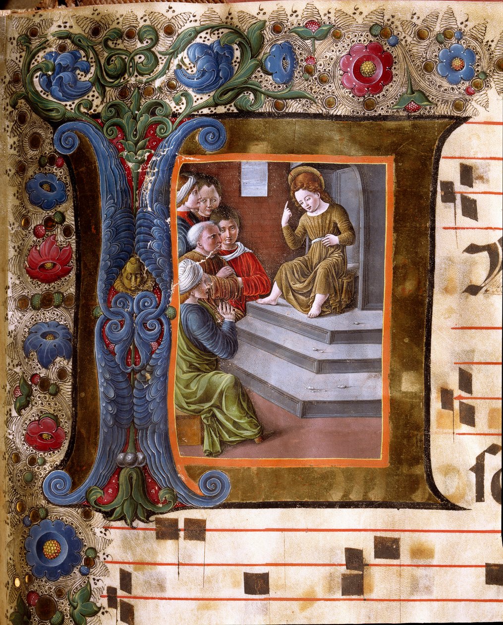 Decoree lettrina przedstawiająca Dzieciątko Jezus i lekarzy miniaturowych z Girolamo da Cremona (aktywny około 1451-1483) i Liberale da Verona (1445-1529) z chóru (kod. 19/4. c.13.) z katedry w Sienie. XV-wieczna katedra (Duomo) w Sienie, It autorstwa Girolamo da Cremona