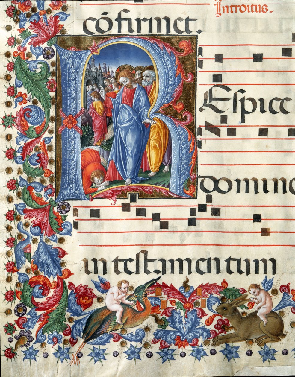 Decoree lettrina przedstawiająca Chrystusa i miniaturę trędowatego autorstwa Girolamo da Cremona (aktywna ok. 1451-1483) i Liberale da Verona (1445-1529) z chóru (kod. 19.04.c.26.) z katedry w Sienie. XV-wieczna katedra (Duomo) w Sienie, Włochy autorstwa Girolamo da Cremona