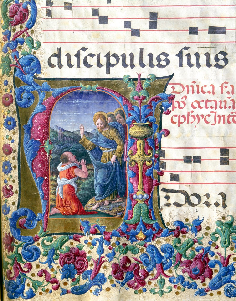Decoree lettrine przedstawiający wizję Izajasza Miniatura autorstwa Girolamo da Cremona (działającego ok. 1451-1483) i Liberale da Verona (1445-1529) z chóru (Cod. 19/4. c.9v.) z katedry w Sienie. XV-wieczna katedra (Duomo) w Sienie, Włochy autorstwa Girolamo da Cremona