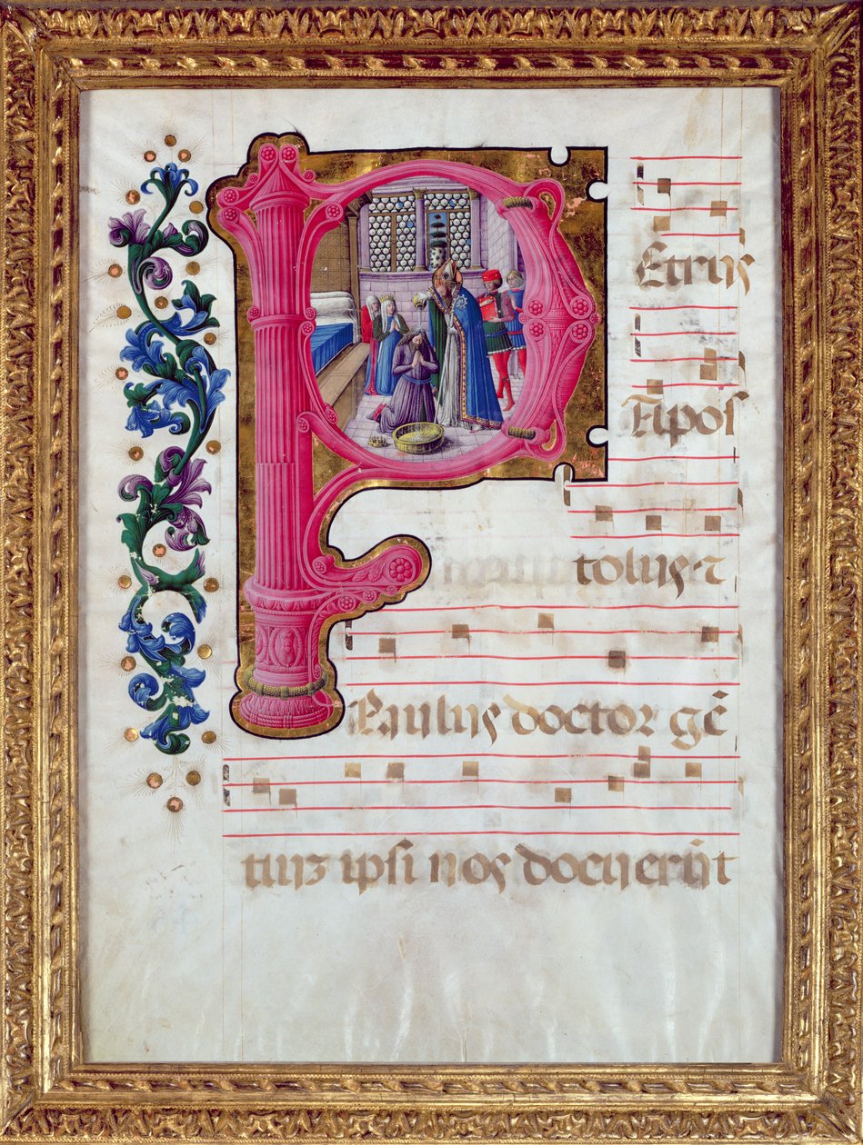 Historyczny inicjał „P” przedstawiający chrzest Konstantyna (ok. 274-337) z lombardzkiego antyfonarza autorstwa Girolamo da Cremona