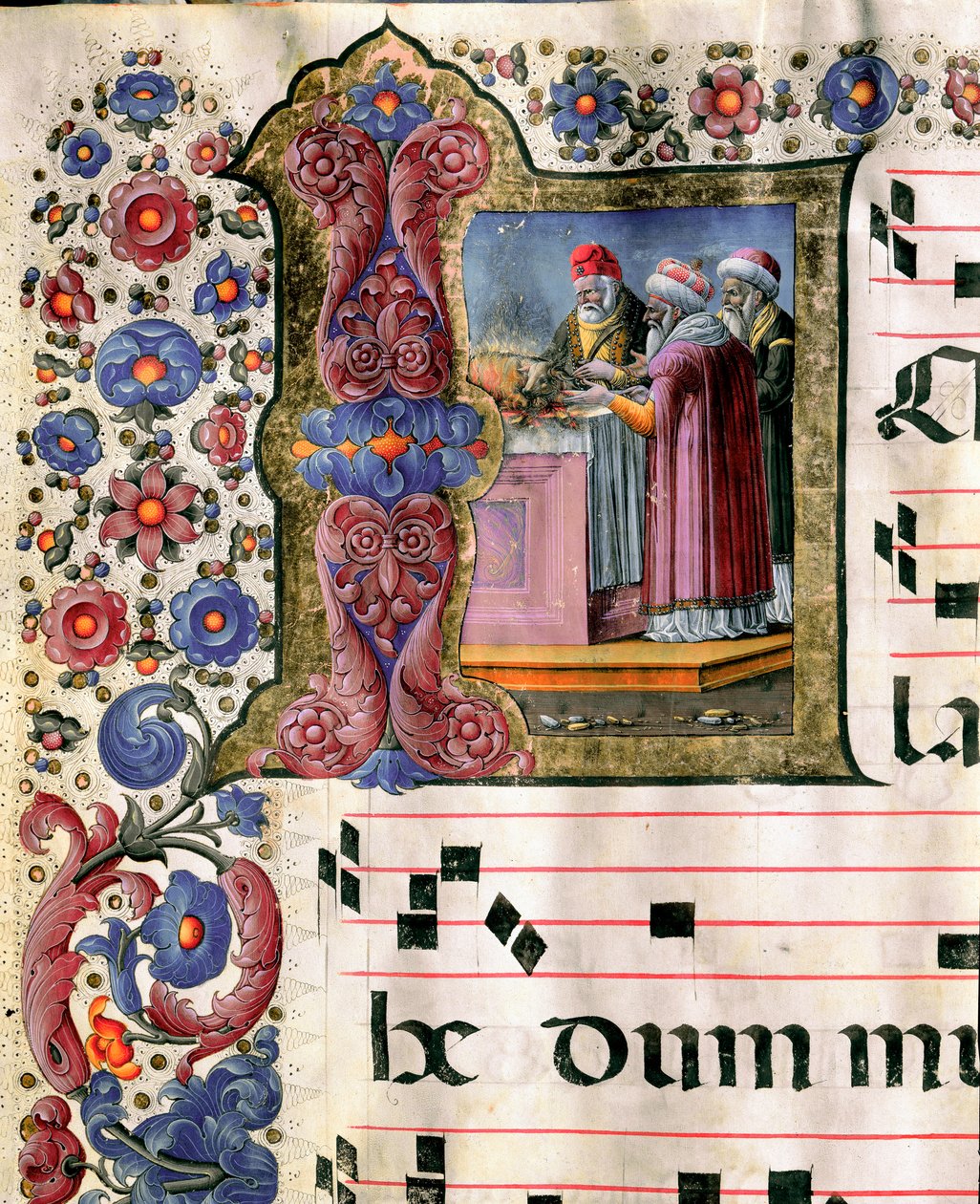 Miniaturowa scena poświęcenia autorstwa Girolamo da Cremona (aktywna ok. 1451–1483) z chóru (Cod. 10/L. c. 114v.) z katedry w Sienie. XV-wieczna katedra (Duomo) w Sienie, Włochy autorstwa Girolamo da Cremona