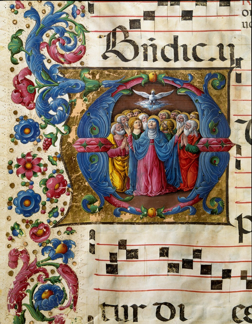Gołębica Ducha Świętego (Ducha Świętego) ukazuje się Maryi Pannie i apoterom. Miniatura Girolamo da Cremona (czynna ok. 1451-1483) z chóru (kod. 10/L. c.32v) z katedry w Sienie. XV-wieczna katedra (Duomo) w Sienie, Włochy autorstwa Girolamo da Cremona