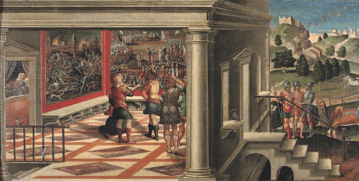 Sceny z Orlando Furioso (olej na płótnie ułożonym na desce) autorstwa Girolamo da Santacroce