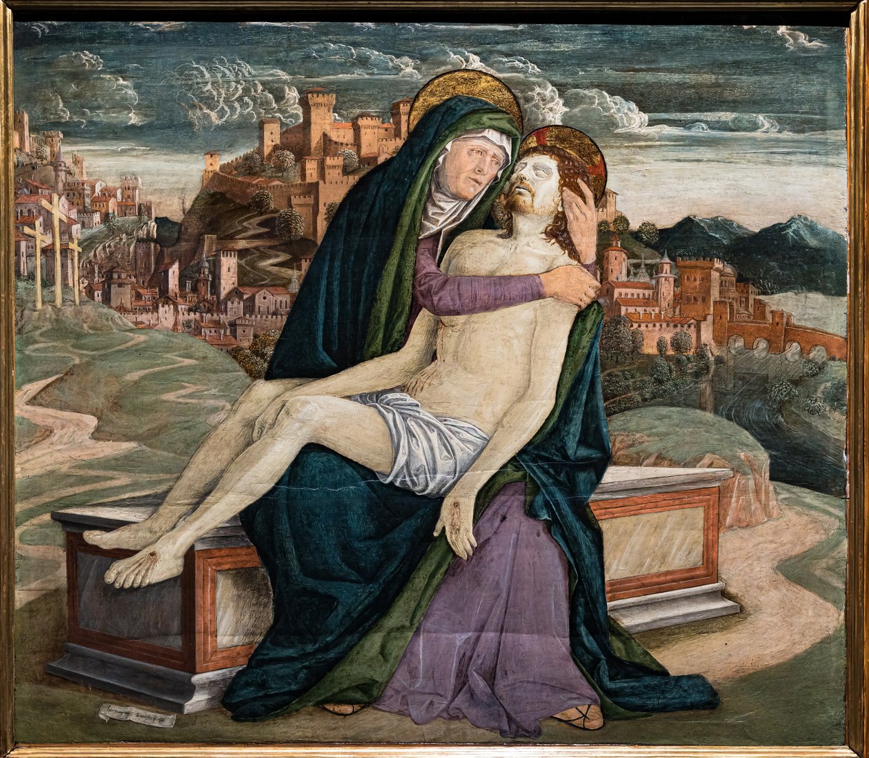Lamentacja, Gerolamo da Treviso Starego, c.1495-7. W tle ufortyfikowane miasto, które mogłoby reprezentować wenecką wioskę, taką jak Soave lub Marostica. autorstwa Girolamo da Treviso the Elder