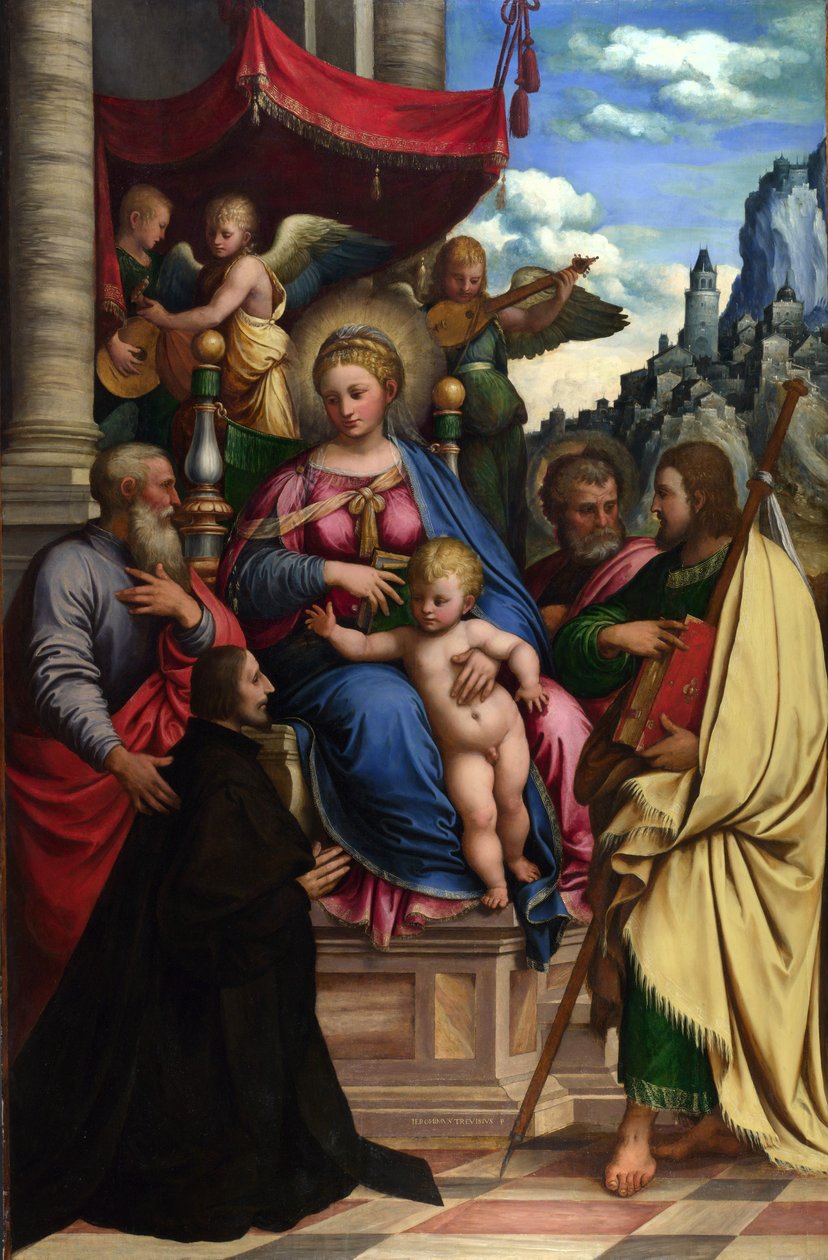 Madonna z Dzieciątkiem z aniołami, świętymi i darczyńcą autorstwa Girolamo da Treviso the Younger