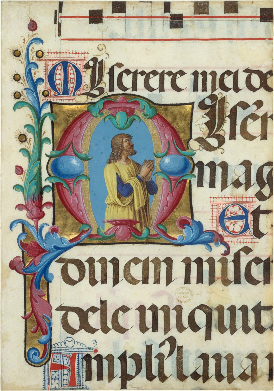 Iluminacja rękopisu z Dawidem w modlitwie w inicjale M, z psałterza, 1501-2. autorstwa Girolamo dai Libri