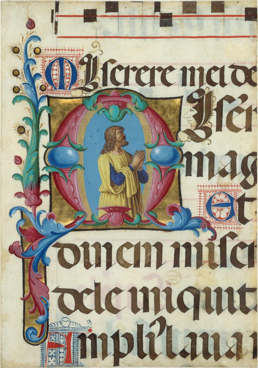 Iluminacja rękopisu z Dawidem w modlitwie w inicjale M, z psałterza, włoski, 1501-2. autorstwa Girolamo dai Libri