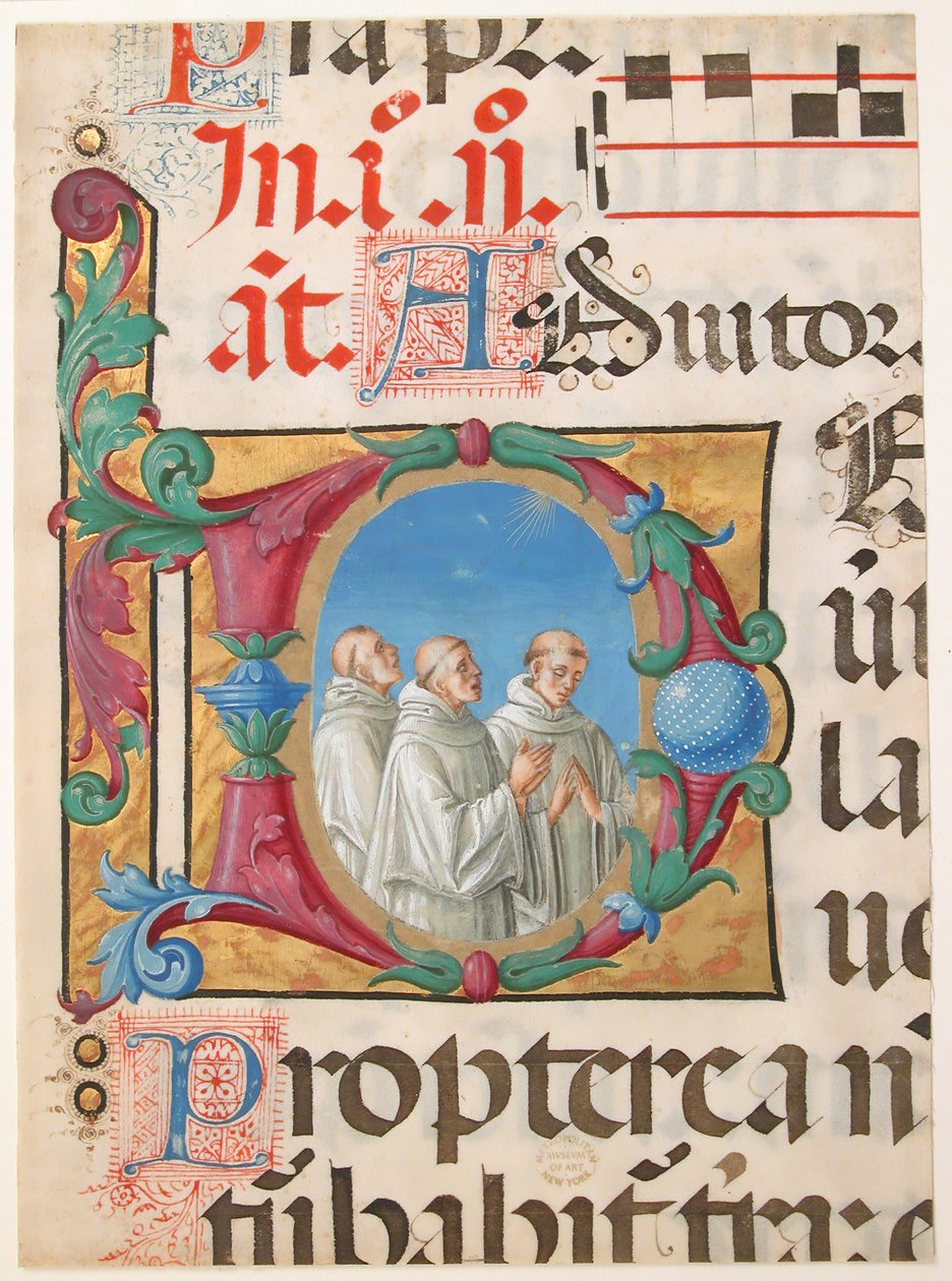 Iluminacja rękopisu ze śpiewającymi mnichami w inicjale D, z psałterza, 1501-2. autorstwa Girolamo dai Libri