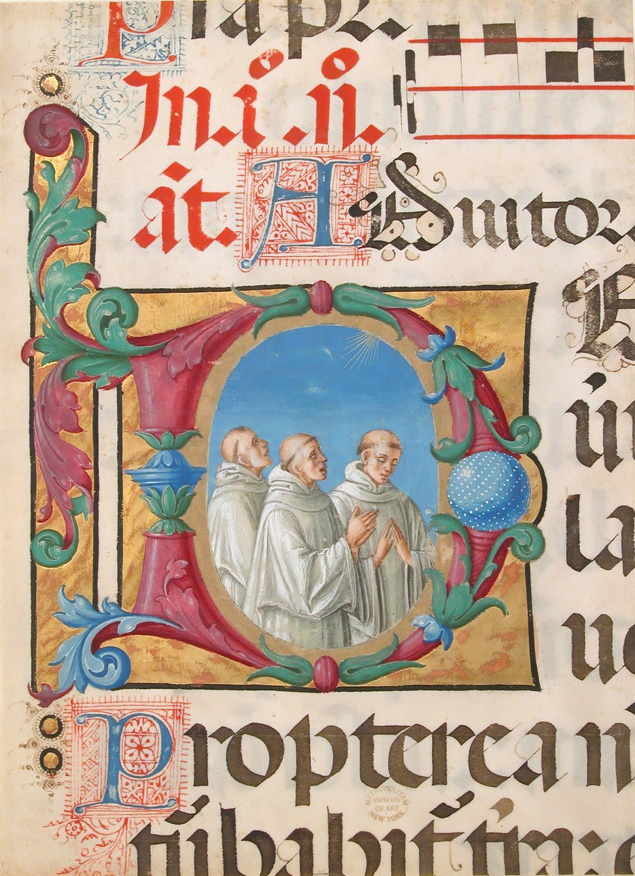 Iluminacja rękopisu ze śpiewającymi mnichami w inicjale D, z psałterza, włoski, 1501-2. autorstwa Girolamo dai Libri