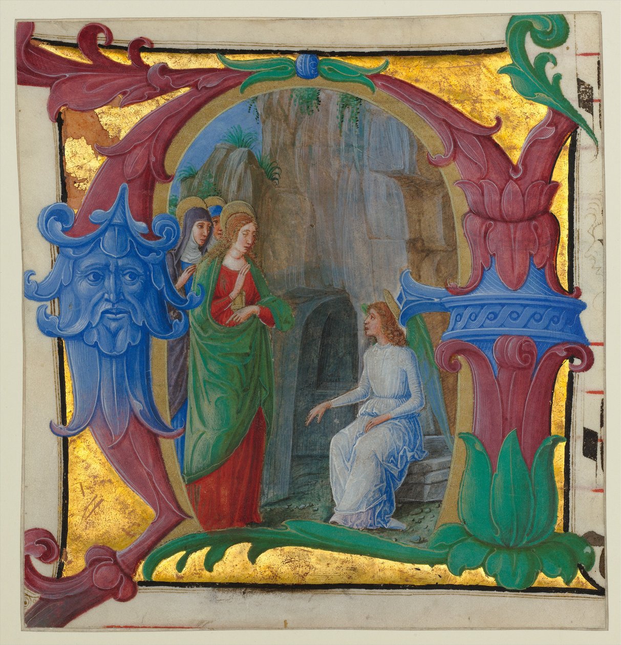 Iluminacja rękopisu ze świętymi niewiastami przy grobie w inicjale A..., ok. 1930 r. 1490-1500. autorstwa Girolamo dai Libri