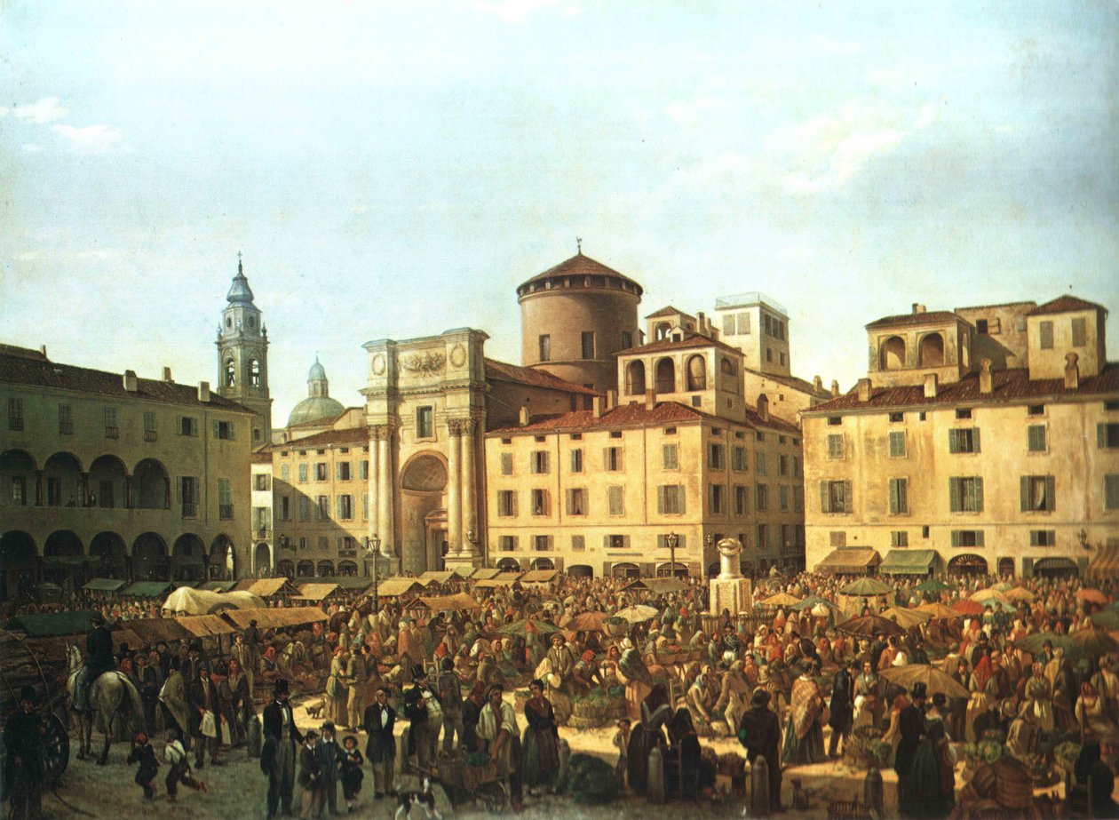 Plac Parmy w dzień targowy w 1848 r. autorstwa Giulio Carmignani