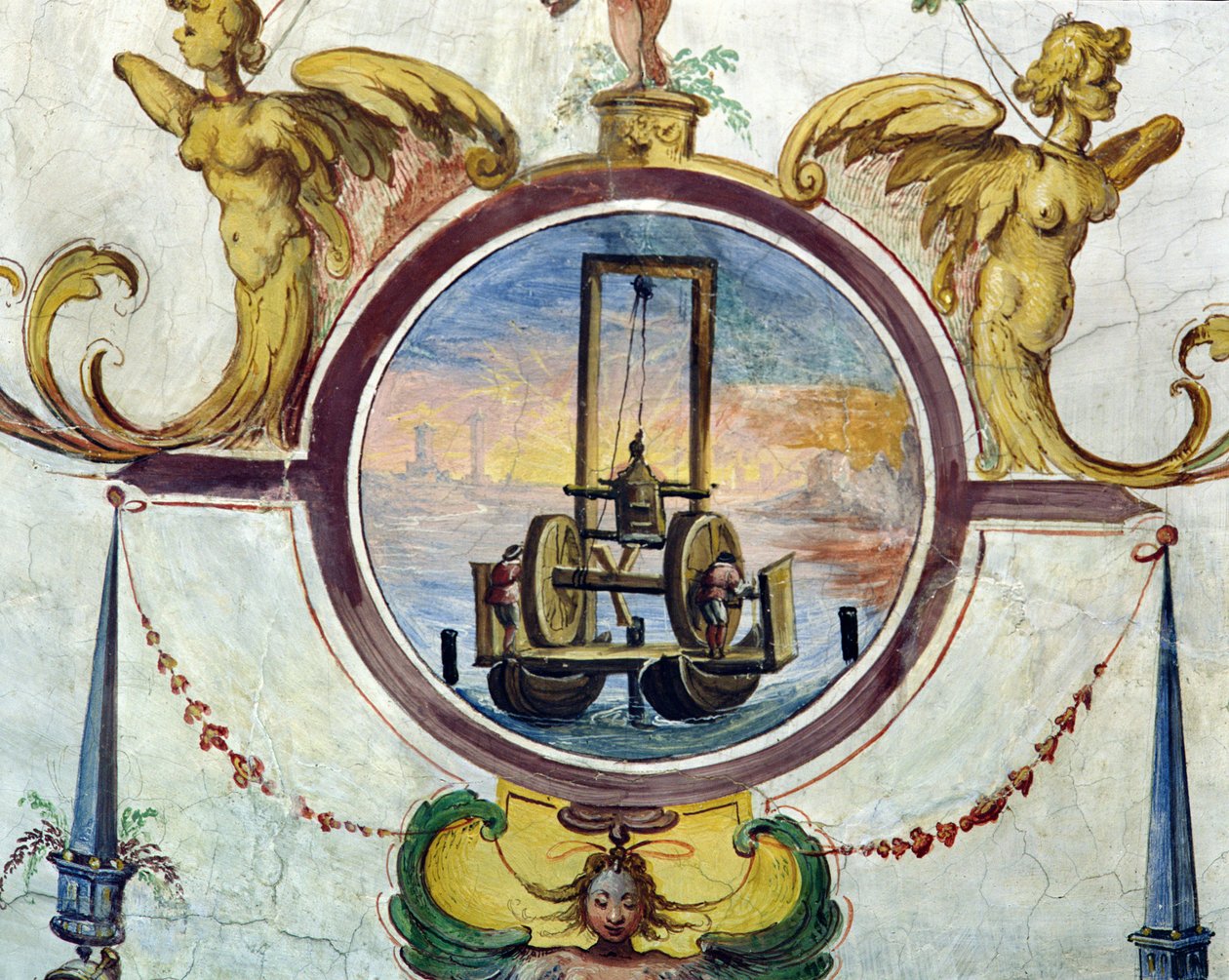 Duży ponton z urządzeniem do wbijania pali w dno morskie, Stanza della Mattematica, 1587-1609 autorstwa Giulio Parigi