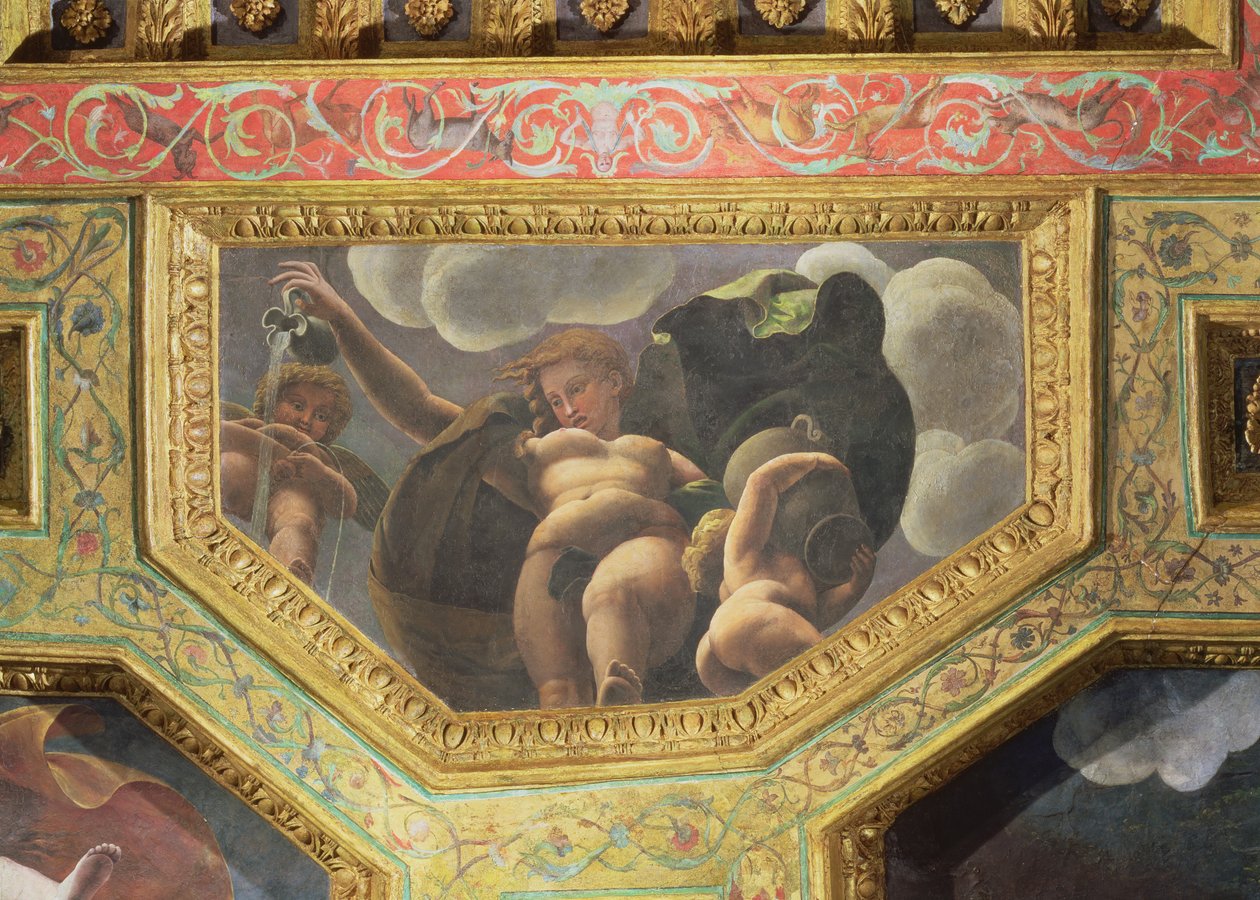 Nimfa lejąca wodę z dzbanka, putto oddające mocz i inne putto trzymające urnę, keson sufitowy z Sala Miłości i Psów, 1528 (olej na stiuku) autorstwa Giulio Romano