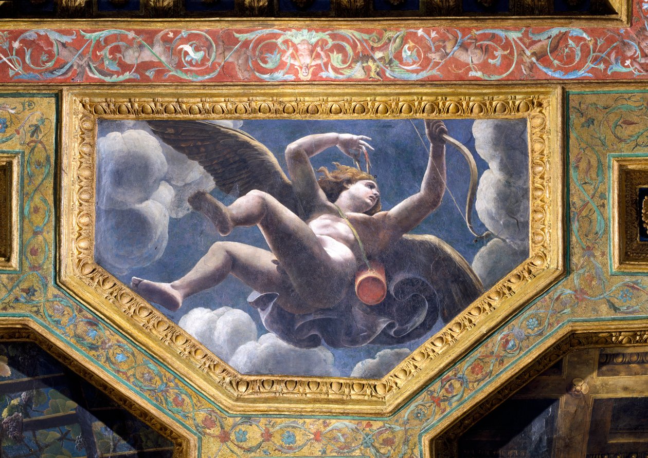 Kupidyn, kaseton sufitowy z Sala di Amore e Psyche, 1528 (olej na stiuku) autorstwa Giulio Romano