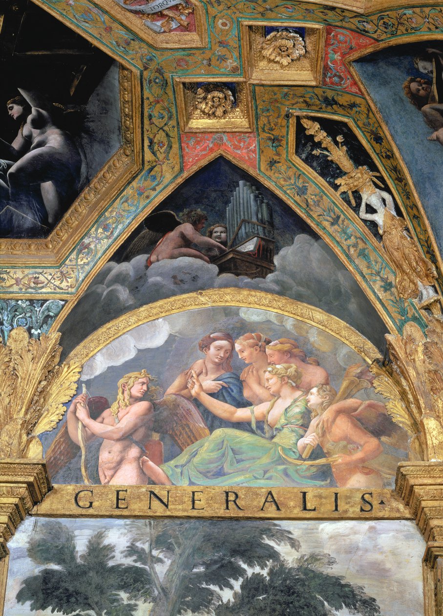 Kupidyn z Wenus i Merkurym, których wysyła po Psyche, luneta z Sala di Amore e Psiche, 1528 (olej na stiuku) autorstwa Giulio Romano