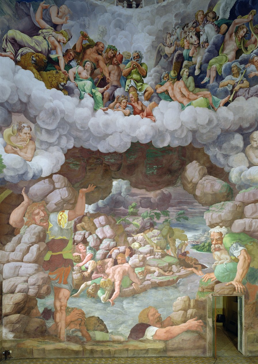 Szczegół zniszczenia gigantów przez pioruny Jowisza, Sala dei Giganti, 1536 (fresk) autorstwa Giulio Romano